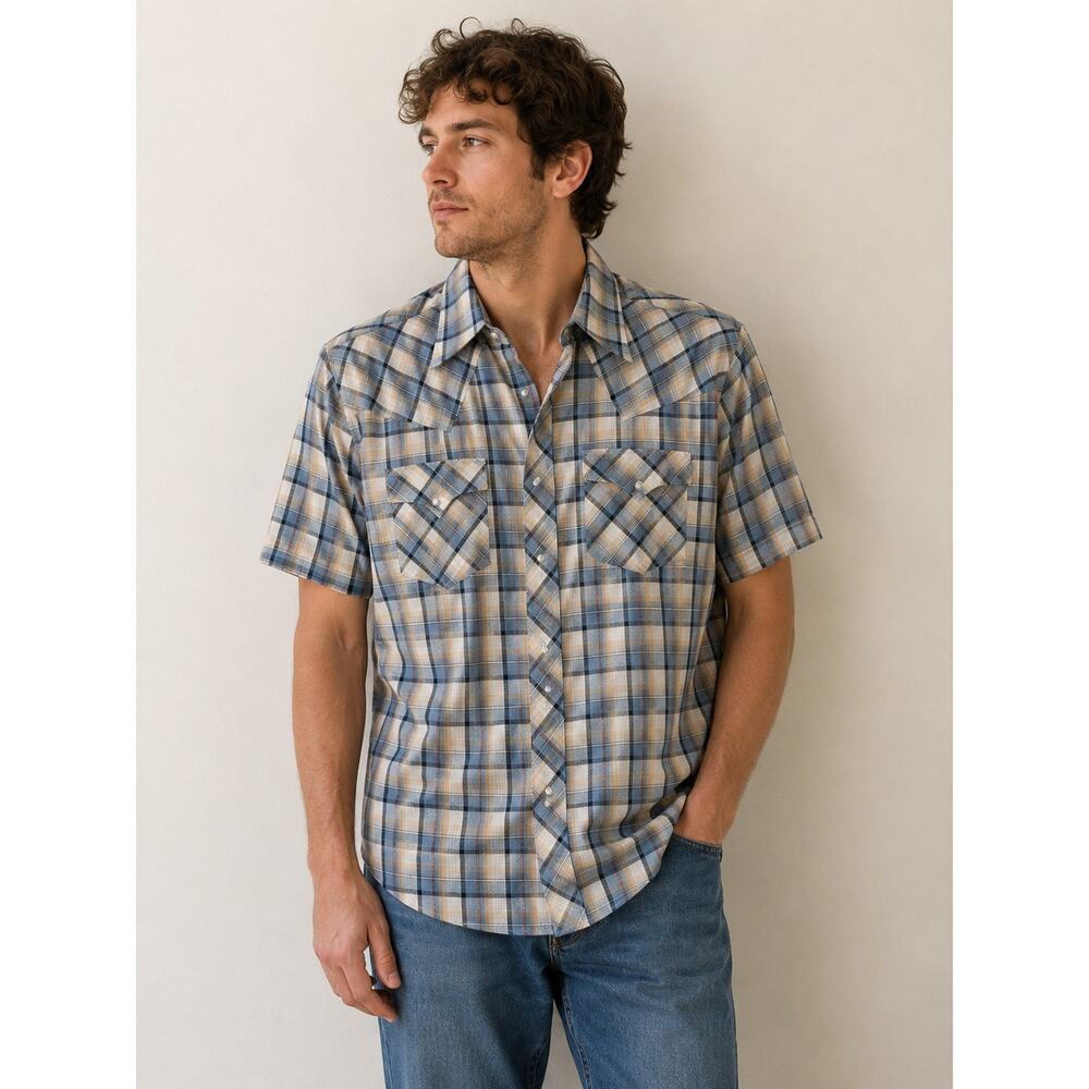 VTG Rocking K Ranchwear Men’s L Western Pearl Snap Plaid Shirt Blue Cowboy Rodeo